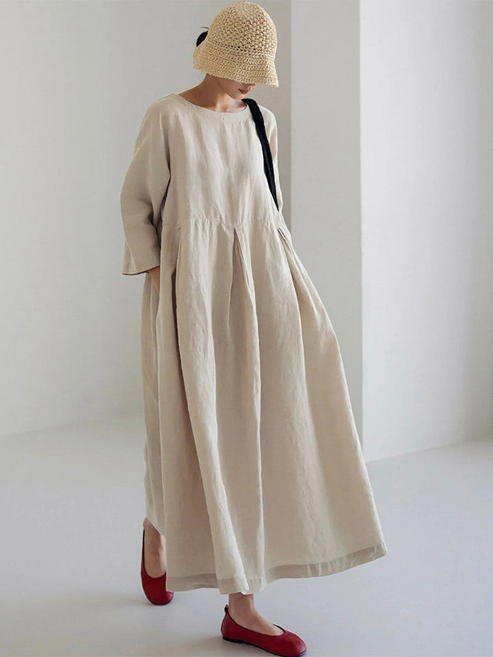 LINA LOOSE LINEN DRESS WITH SIDE POCKETS