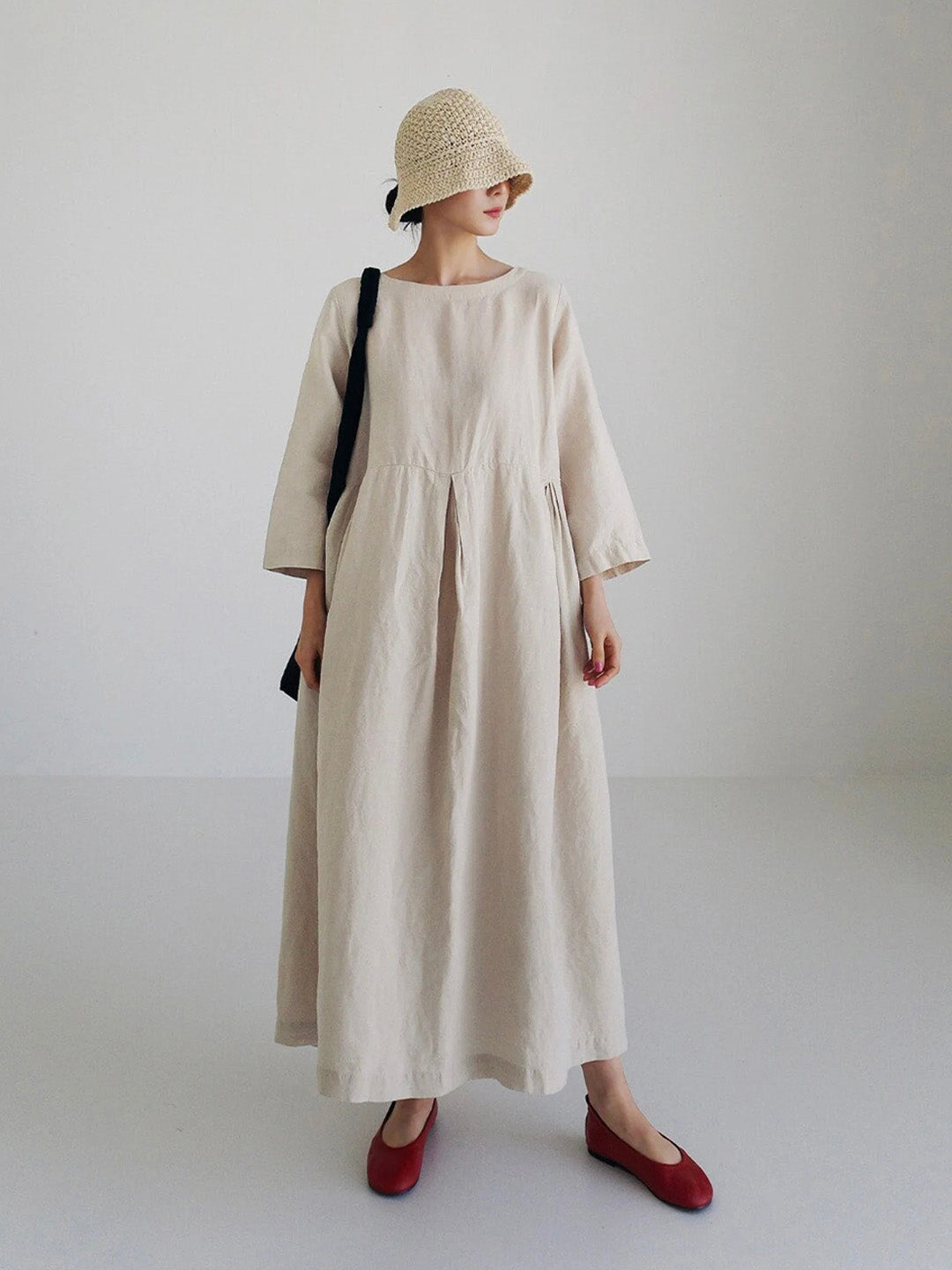 LINA LOOSE LINEN DRESS WITH SIDE POCKETS